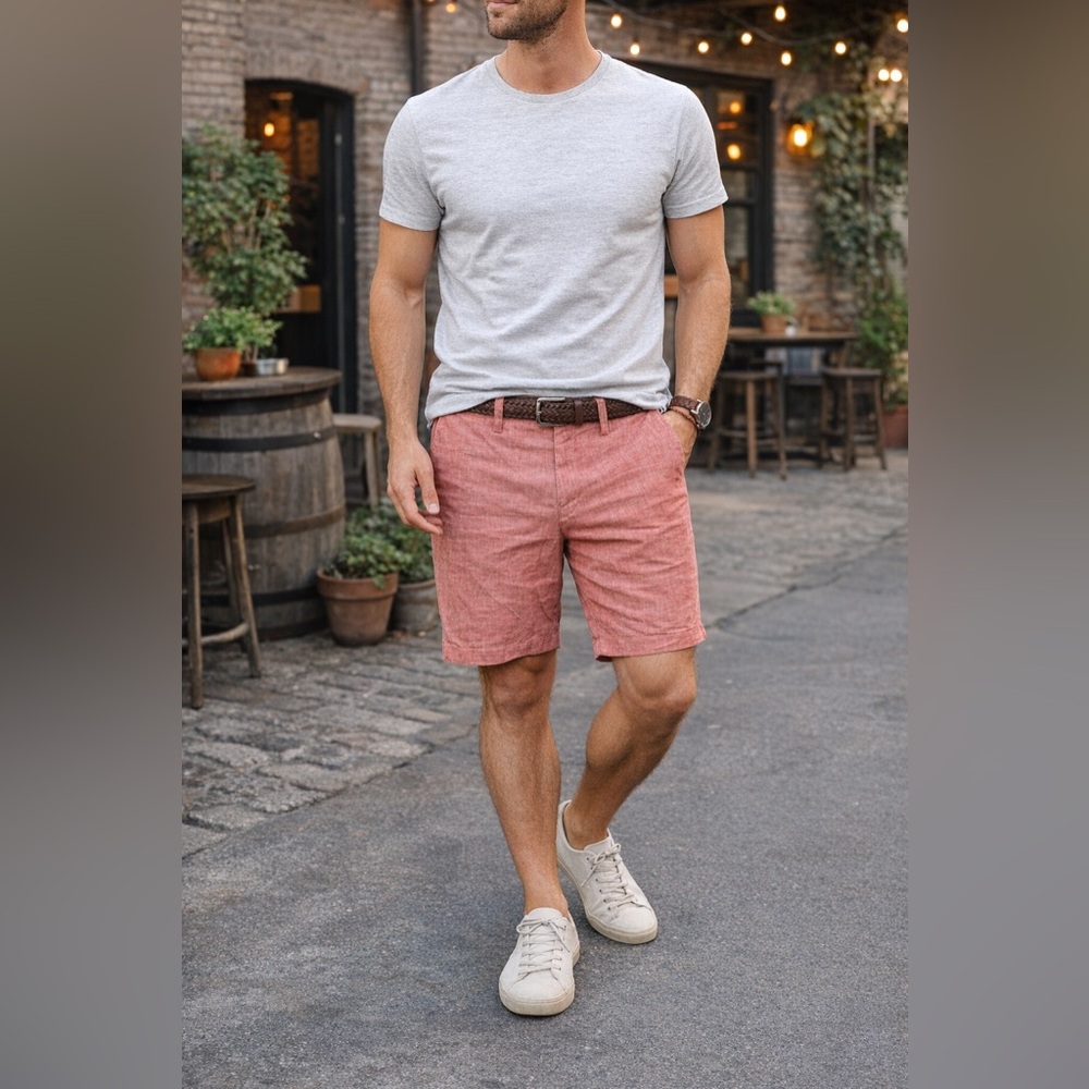 Banana Republic Men's Red Chambray Flat Front Shorts 35